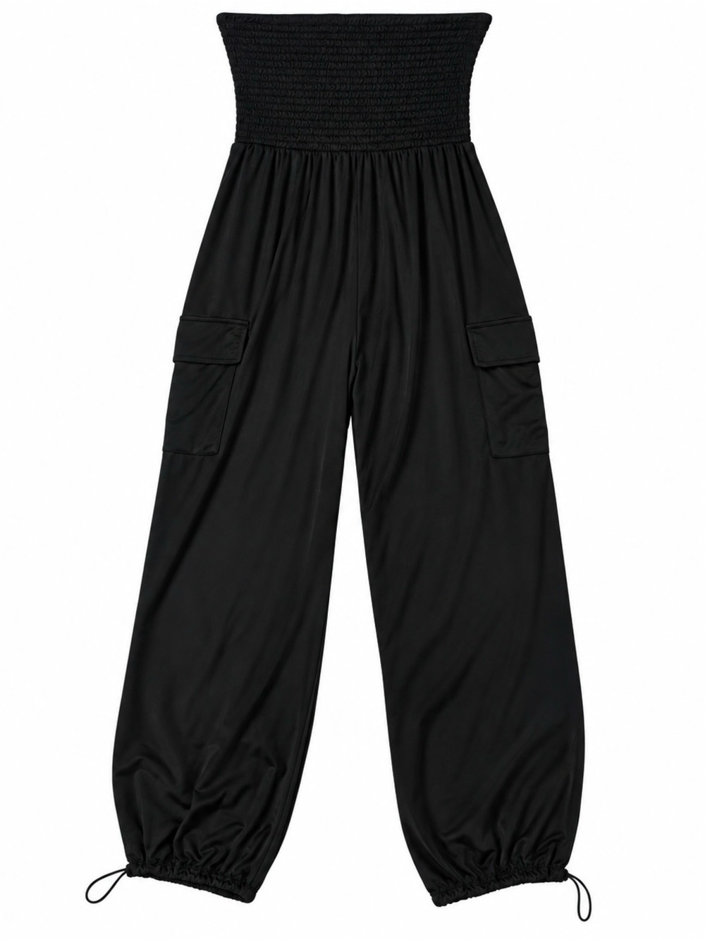 Strapless Smocked Cargo Jumpsuit in Black